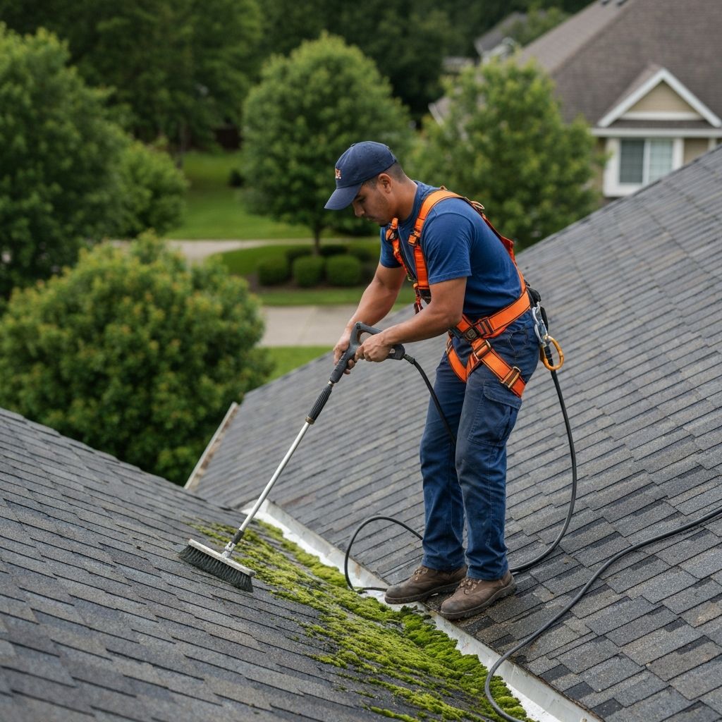 Roof cleaning technician removing moss from shingles
